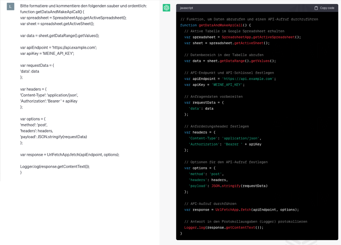 Screenshot aus deinem Chatverlauf mit ChatGPT. Die KI wird genutzt, um Code sauber zu formatieren und zu kommentieren.