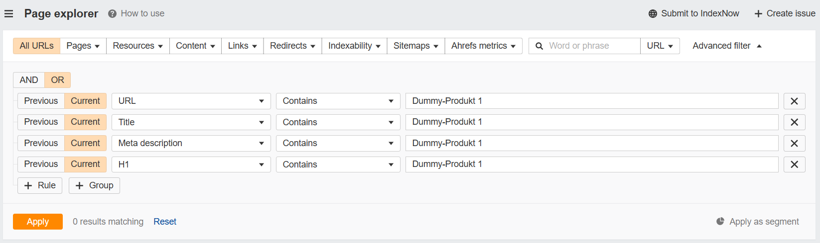 Ahrefs Page Explorer Filterfunktion