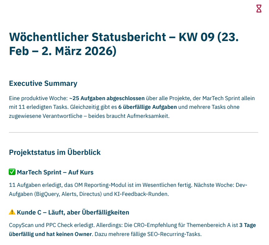 Auszug aus dem wöchentlichen Asana-Statusbericht von ganztags.