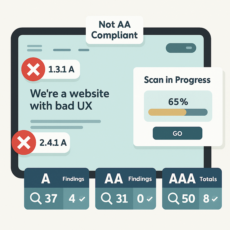 Barrierefreiheits-Check einer Website mit dem Hinweis „Not AA Compliant“, Fehlern und dem Text „We’re a website with bad UX“