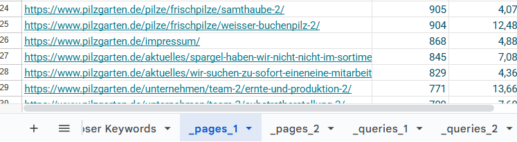 Tabs für die Datenexporte aus der Google Search Console