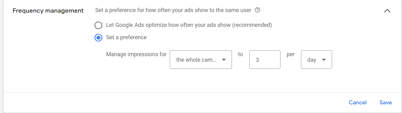 Auf diesem Bild sieht man die Einstellungsmöglichkeiten für das Frequency Capping bei Google Ads.