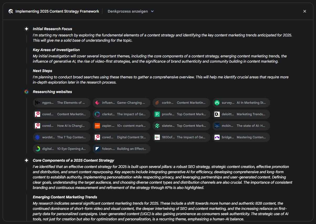 Screenshot aus Gemini Deep Research zeigt anhand der Fragestellung, wie 2025 die ideale Content-Strategie aussieht, wie Reasoning funktioniert.