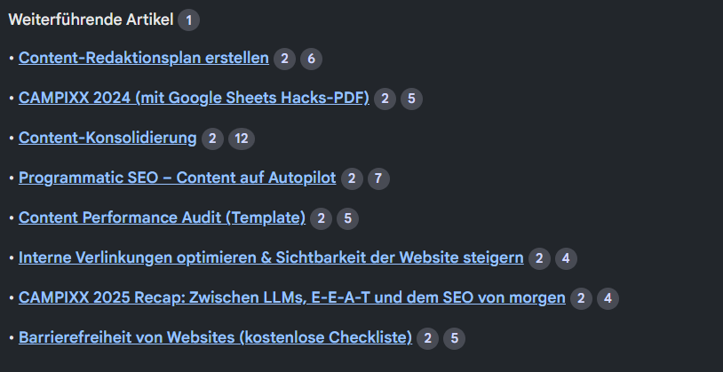 NotebookLM Beispiel von internen Links als weiterführende Artikel