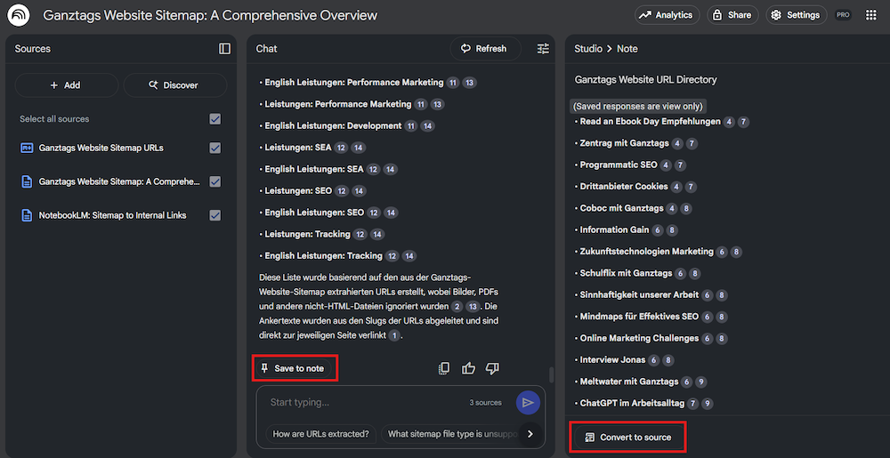 NotebookLM Interface mit geöffnetem Chat und Notizen