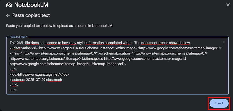 NotebookLM Interface mit der kopierten Sitemap