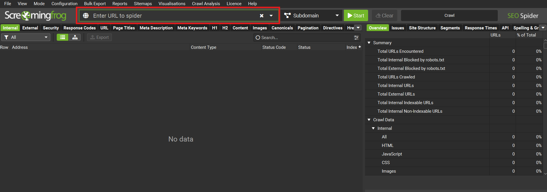 Screaming Frog Interface mit markiertem URL-Feld