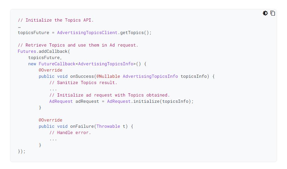 Code der Topics API, die in einer Demo-Version getestet werden kann.