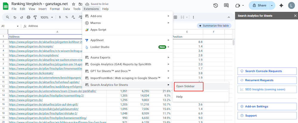 Wie man das Search Analytics for Sheets Plugin in Google Sheets findet (Extensions > Search Analytics for Sheets > Open Sidebar