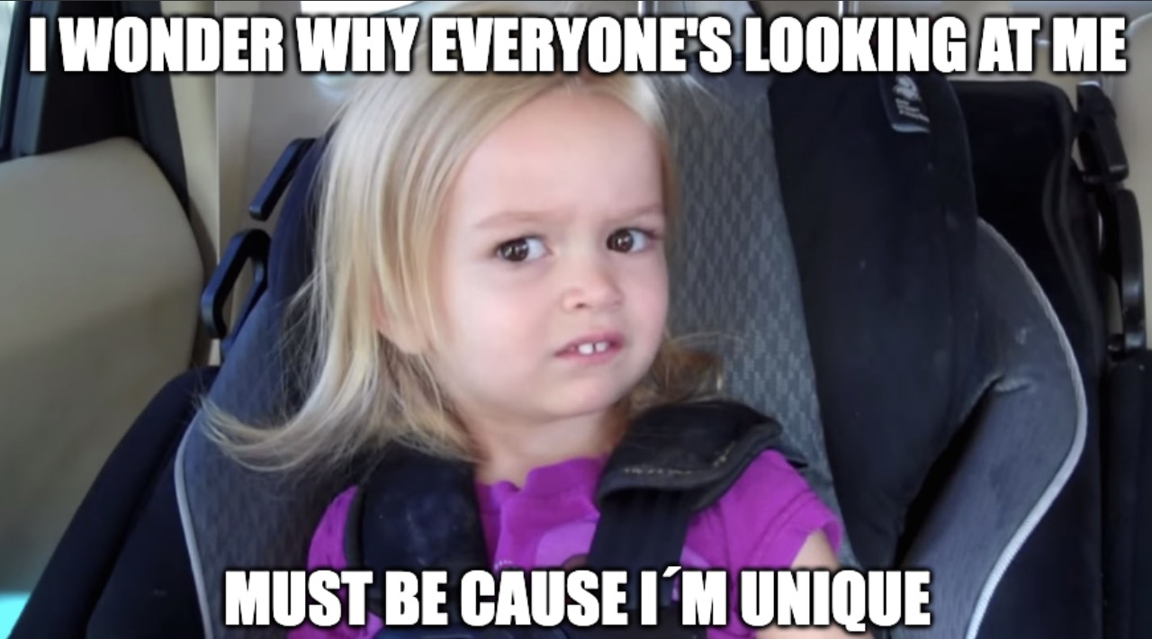 Meme mit den skeptischen Mädchen, darüber steht I wonder why everyone's looking at me, must be cause I'm unique