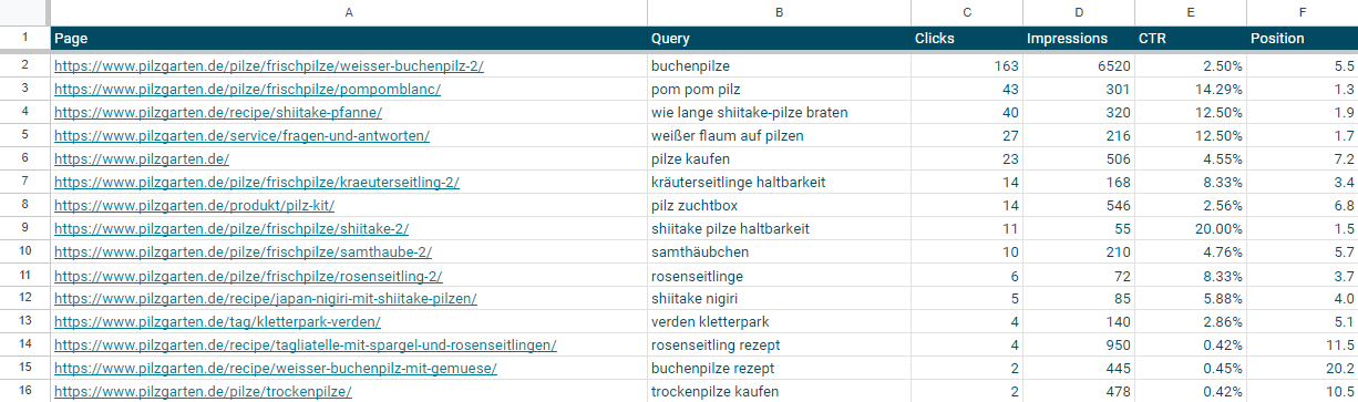 Top Keyword pro URL Report im Content Performance Audit Google Sheets Template