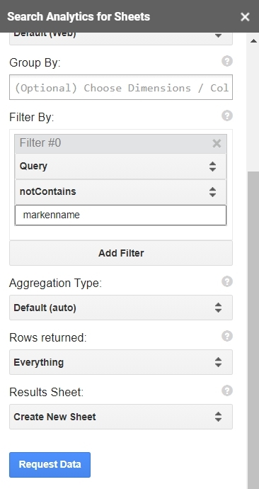 So setzten Sie Filter im GSC-Add-on für Google Sheets.