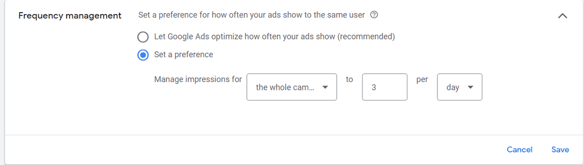 Auf diesem Bild sieht man die Einstellungsmöglichkeiten für das Frequency Capping bei Google Ads.