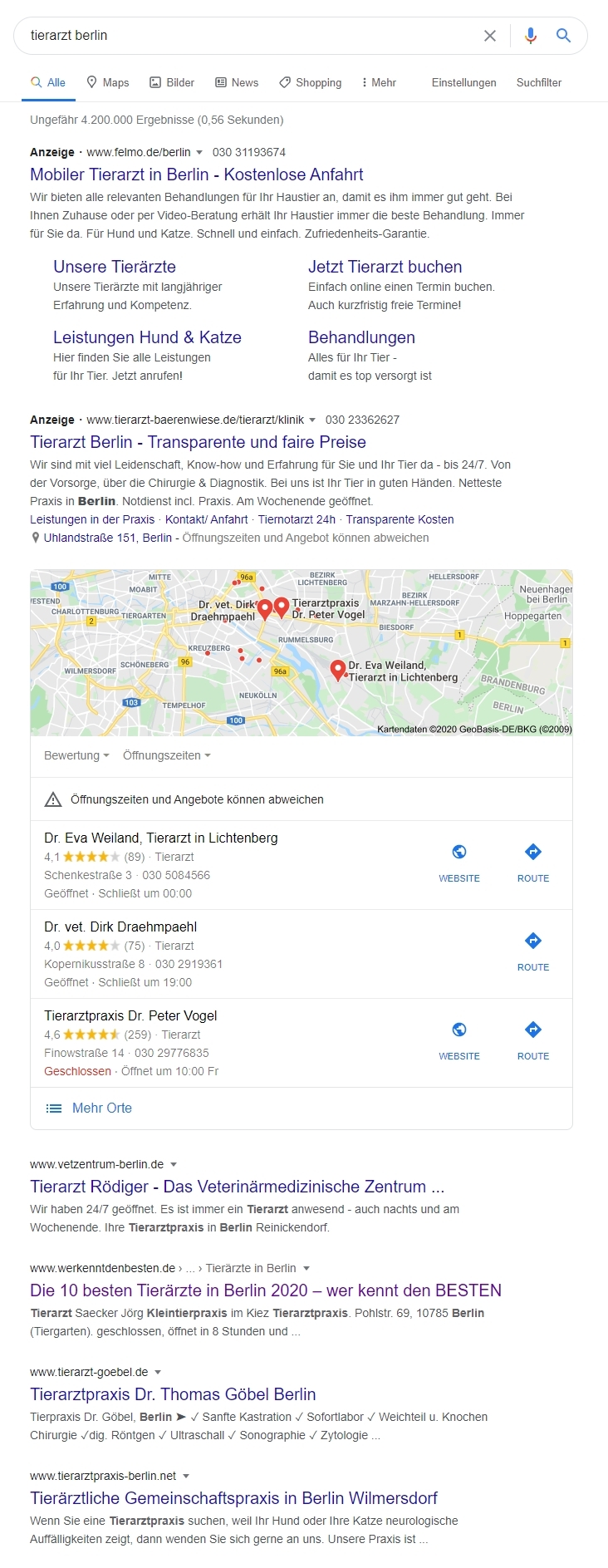 Dieses SERP wird für den Suchbegriff 'tierarzt berlin' angezeigt.