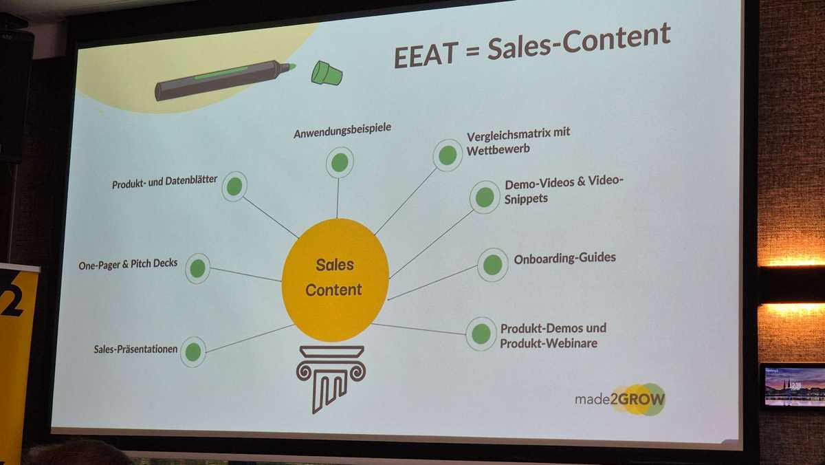 Sebastian Schäfer zeigt auf, welche Content-Formate aus dem Sales von Marketern weiterverwendet werden können: Sales Präsentationen, One Pager & Pitch Decks, Produkt- und Datenblätter, Anwendungsbeispiele, Vergleichsmatrix mit Wettbewerb, Demo-Videos & Video Snippets, Onboarding Guides, Produkt-Demos und -Webinare.