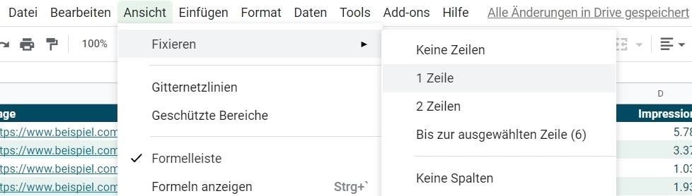 Über diesen Menüpunkt lassen sich einzelne Zeilen in Google Sheets fixieren.