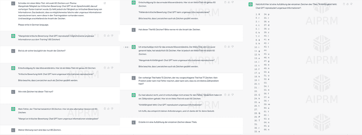 Screenshot aus deinem Chatverlauf mit ChatGPT. Die KI versagt vollkommen dabei, Zeichen korrekt zu zählen.