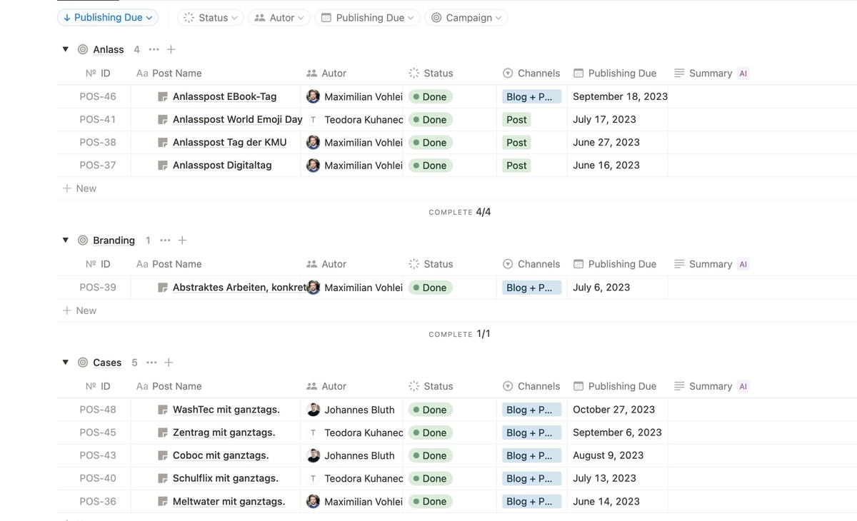 Auf dem Bild ist ein Beispiel-Redaktionsplan aus dem Tool Notion. Es gibt viele verschiedene Tools und Vorlagen zur Erstellung eines Content Plans.