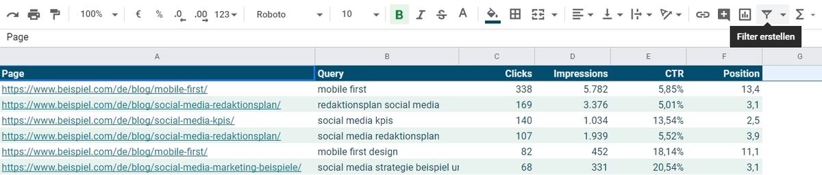 Über diesen Button oben rechts erstellen Sie einen Filter für eine oder mehrere Spalten..